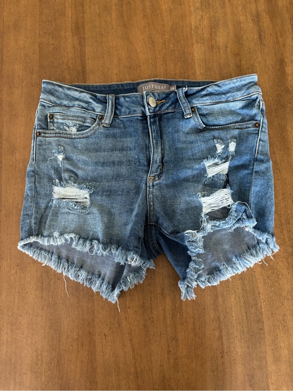 Just USA Ripped Frayed Hem Denim Shorts - Light Blue